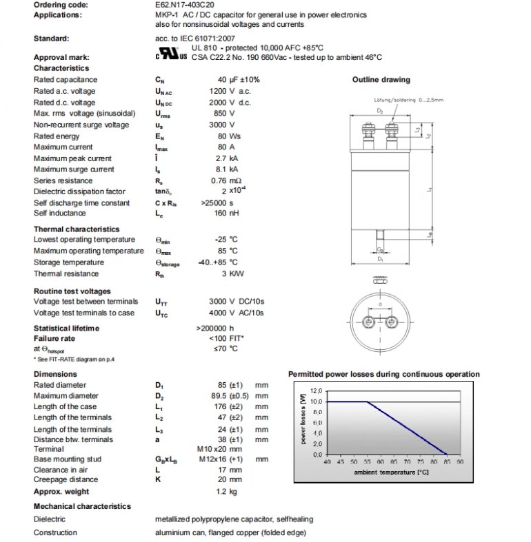 ELECTRONICON MKP-1 AC/DC-Kondensator, 40 µF 1200 V AC 2000 V DC, 80 A, E62.N17-403C20 – 4er-Pack
