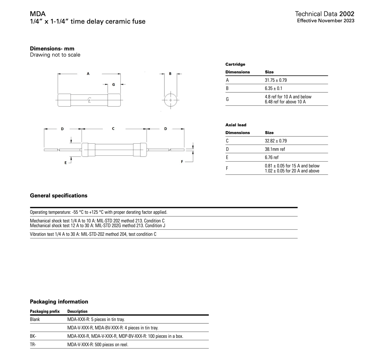 Eaton Bussmann MDA-0.5-R Fuse, 6.3x32mm, 0.5A 250VAC, Time-Delay Ceramic - Pack of 10
