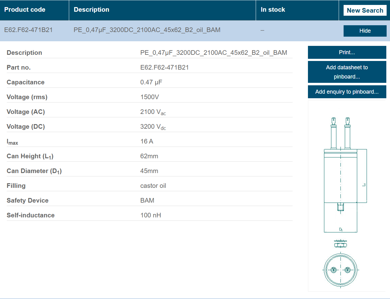 ELECTRONICON E62.F62-471B21 Leistungselektronischer Kondensator, 0,47 µF, 3200 VDC, 2100 VAC, 16A, 45x62mm - 6er-Pack