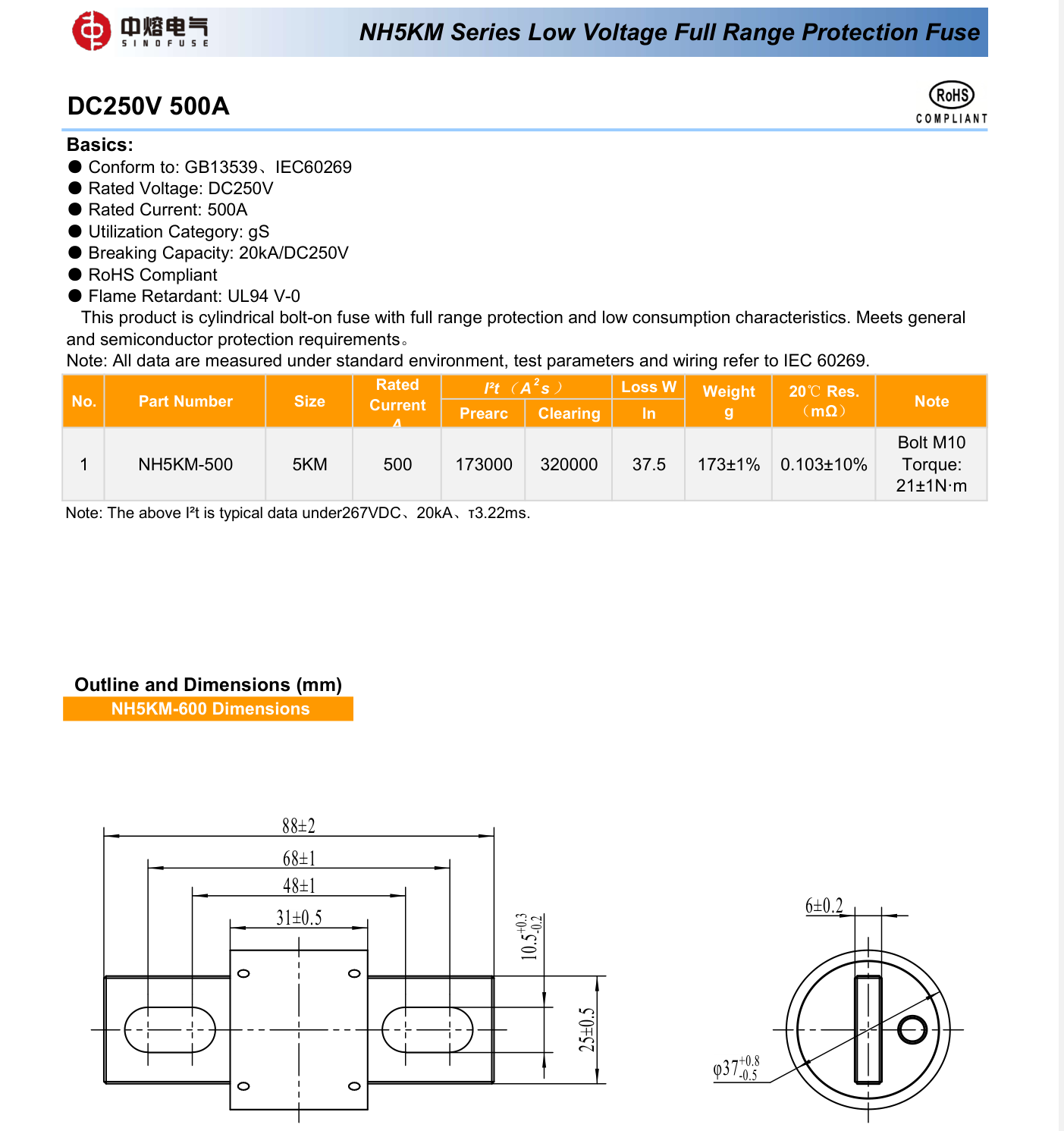Fusibles SINOFUSE NH5KM-500 500A DC250V (10 unidades)