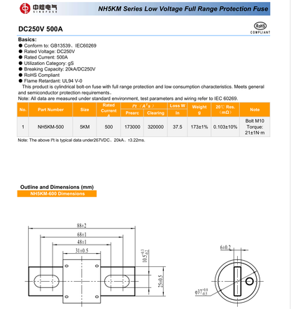 Fusibles SINOFUSE NH5KM-500 500A DC250V (10 unidades)
