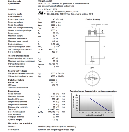 ELECTRONICON MKP-1 AC/DC Capacitor, 40 µF 1200V AC 2000V DC, 80A, E62.N17-403C20 - Pack of 4