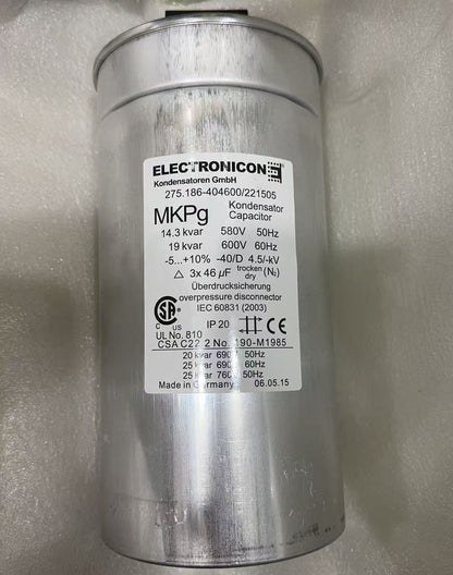 ELECTRONICON MKPg Leistungskondensator, 14,3 kvar 580 V 50 Hz, 19 kvar 600 V 60 Hz, 3 x 46 µF, Teilenummer 275.186-404600/221505 – 5er-Pack 