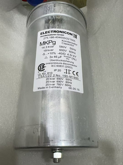 ELECTRONICON MKPg Leistungskondensator, 14,3 kvar 580 V 50 Hz, 19 kvar 600 V 60 Hz, 3 x 46 µF, Teilenummer 275.186-404600/221505 – 5er-Pack 