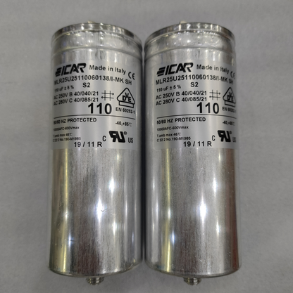 Icar MLR25U25110060138/I-MK Capacitor, 110uF 250V-280VAC ±5%, 60x138mm, M12 Stud Mount - Pack of 4, Made in Italy