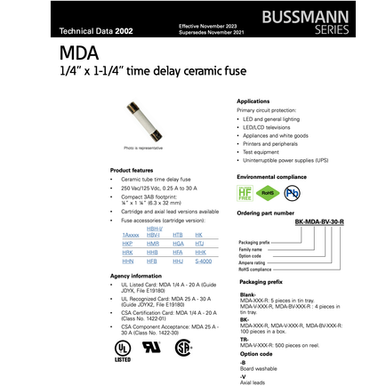Eaton Bussmann MDA-0.5-R Fuse, 6.3x32mm, 0.5A 250VAC, Time-Delay Ceramic - Pack of 10
