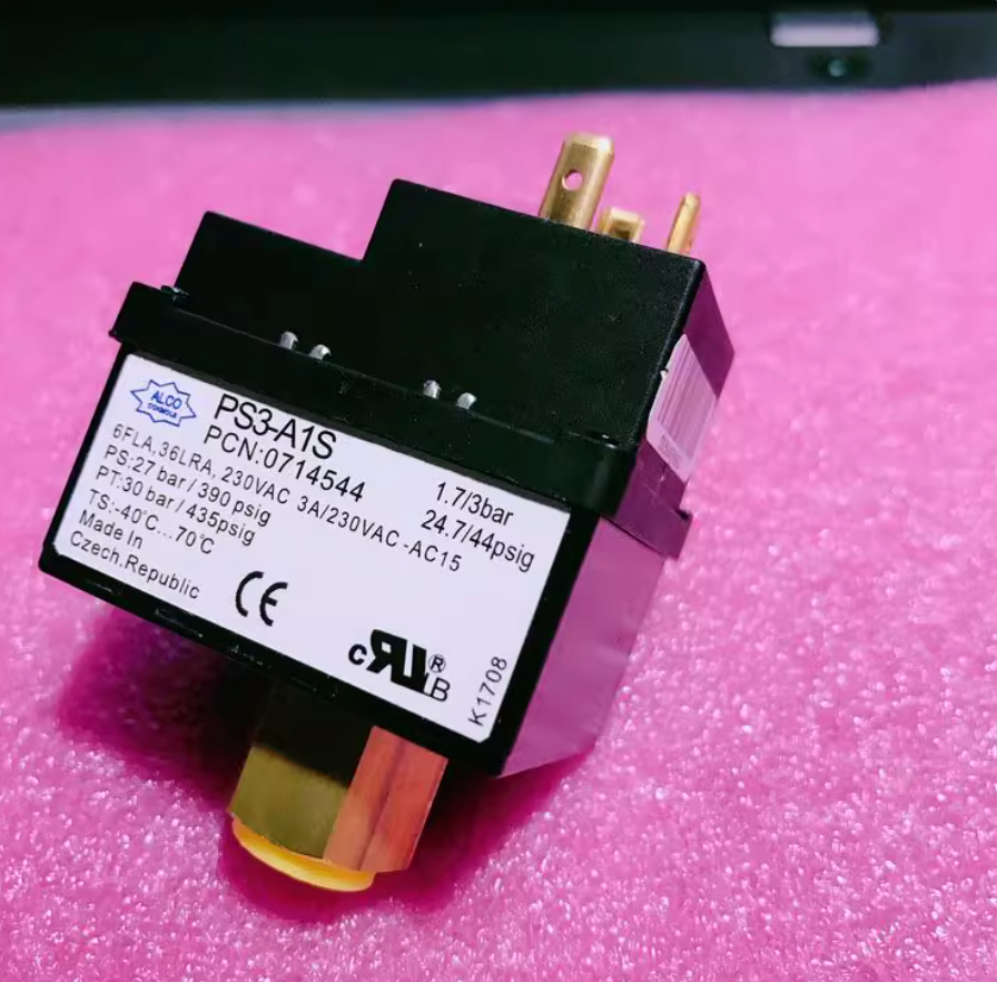 Presostato ALCO PS3-A1S, 1,7/3 bar (24,7/44 psig), diferencial ajustable, SPDT 3 A, 230 V CA, refrigeración/HVAC, PCN 0714544 (Emerson)