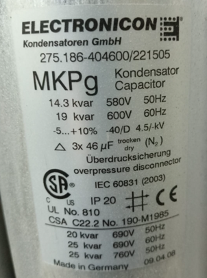 ELECTRONICON 275.186-404600/221505 MKPg Trocken-AC-Kondensator, 46 µF, 580 V 50 Hz / 600 V 60 Hz, ±5/+10 % – 6er-Pack
